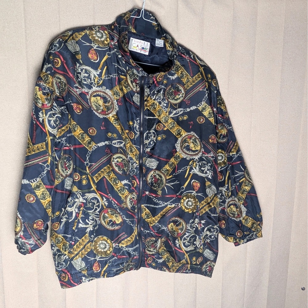 Lady CA Sport Vintage Silk Bomber Jacket 2X Navy Blue Baroque Chain Print Zip - Picture 4 of 11